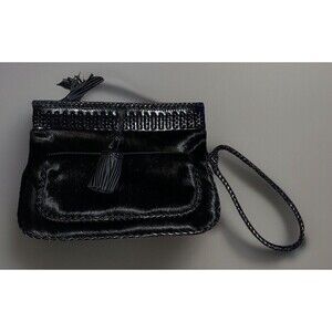 Francesco Biasia Black Italian Leather Clutch/ Wristlet Purse with Fur / Pockets